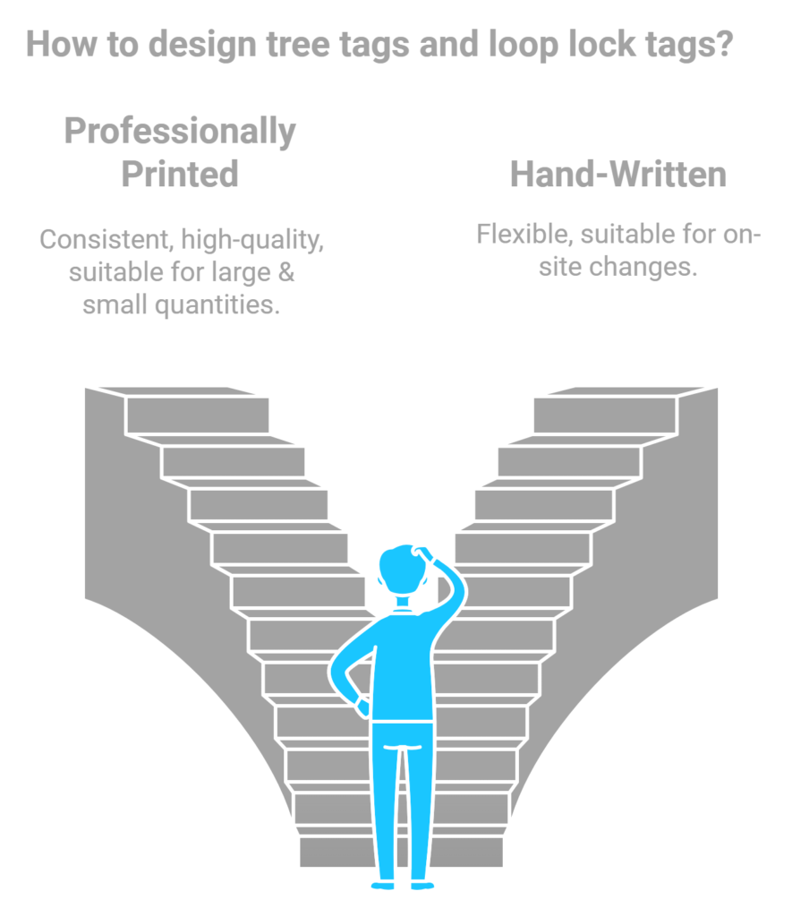 Infographic comparing professionally printed and hand-written tree tags, with a person deciding between the two options.