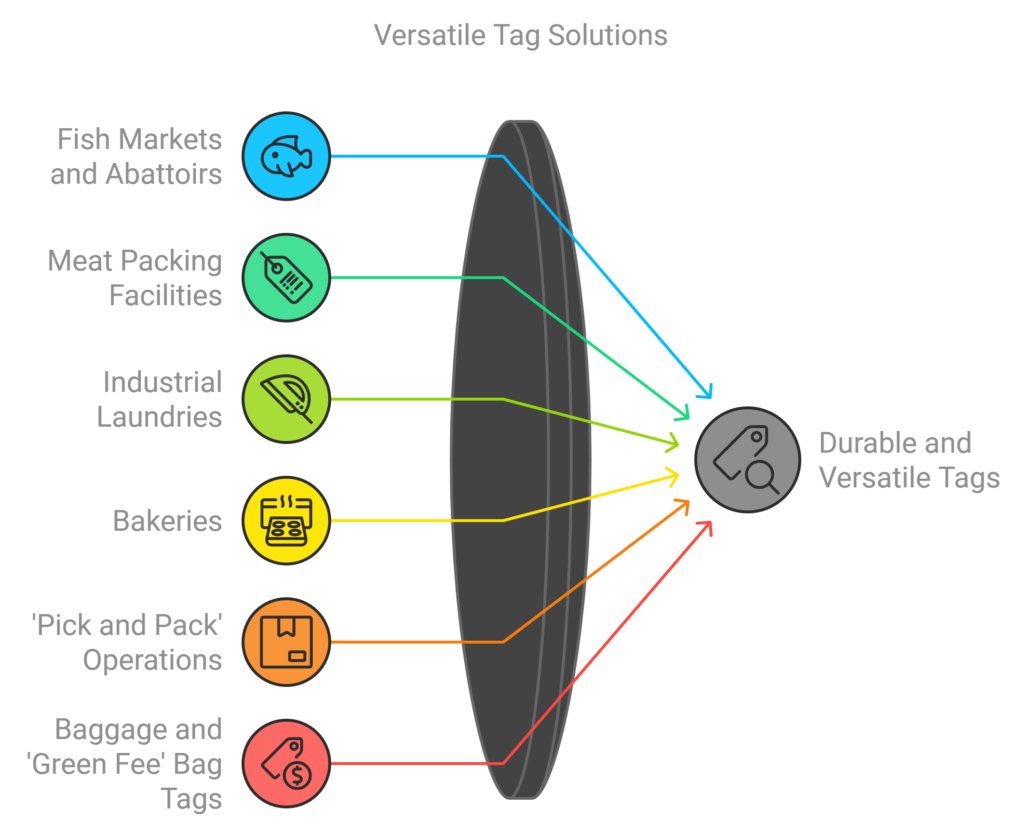 Infographic showing various industries using versatile durable tags, including fish markets, meat packing, industrial laundries, bakeries, pick and pack operations, and baggage handling.